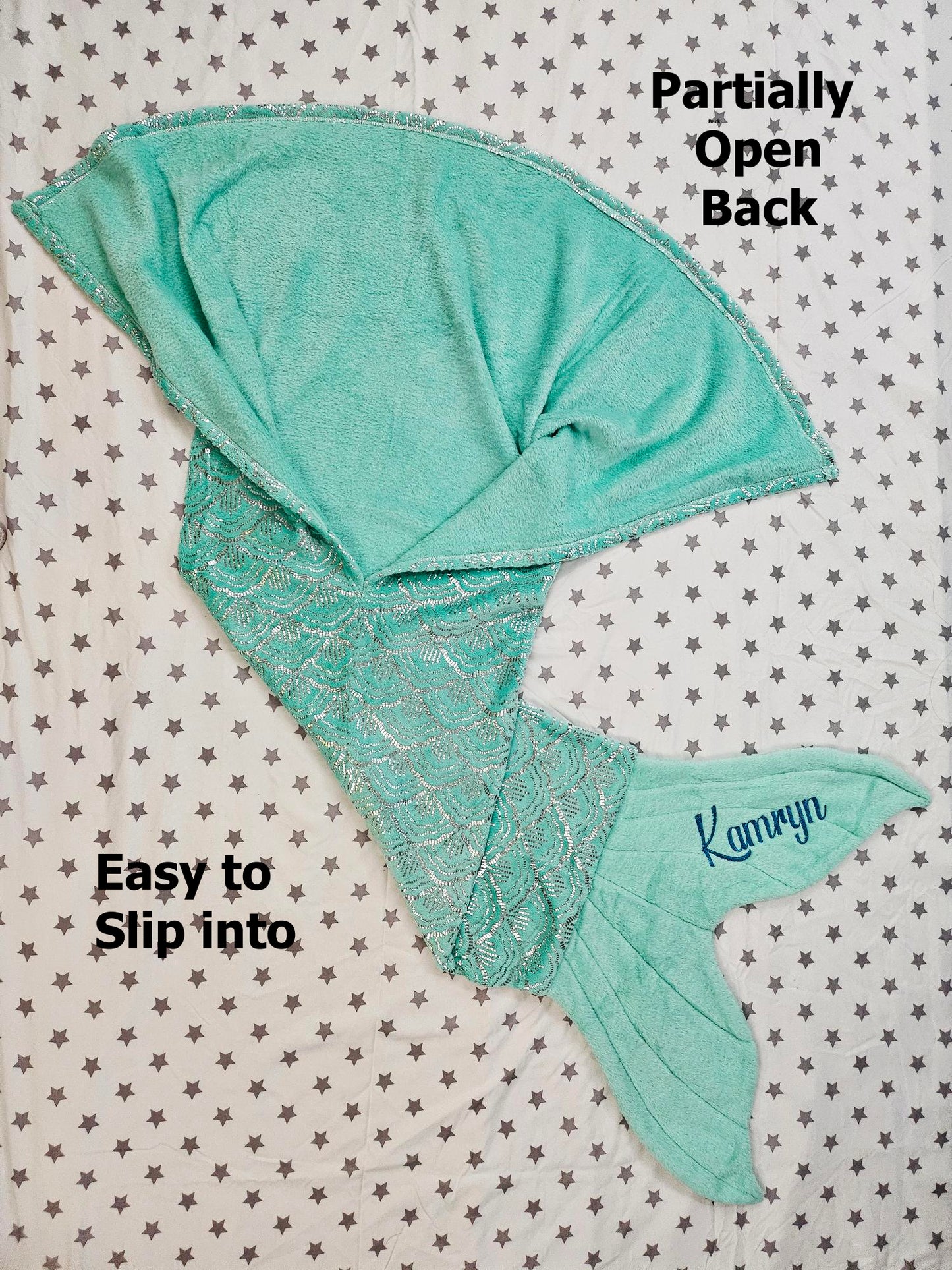Personalized Fleece Mermaid Tail Blankets with shimmery foil