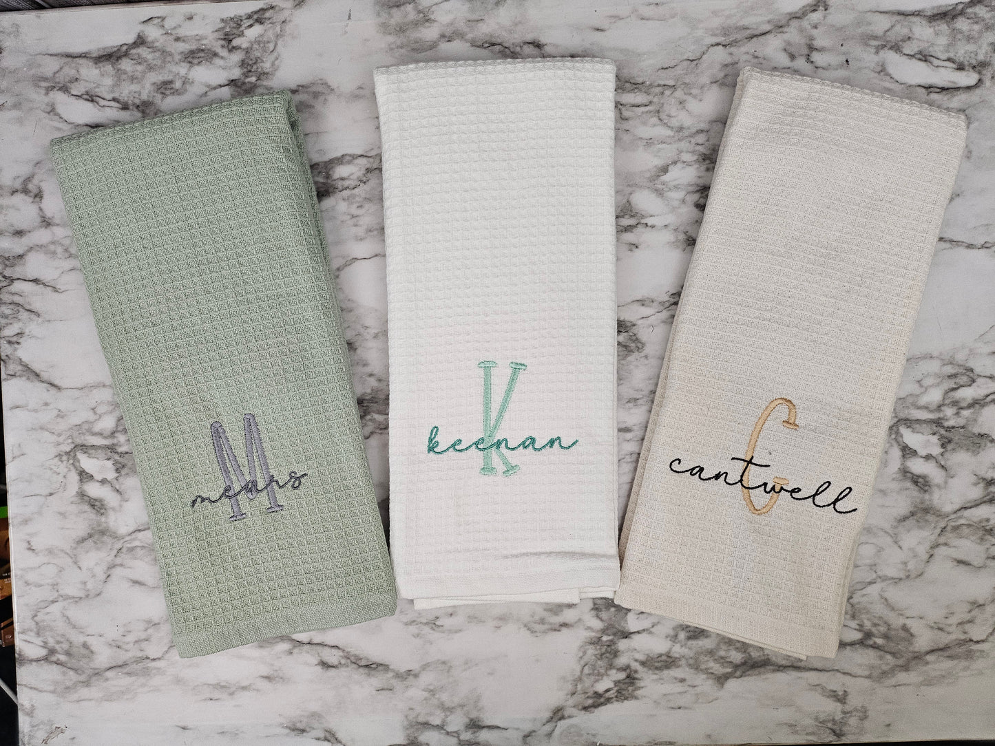 Personalized Waffle & Terrycloth Kitchen Towels – Script Name on 3" Farmhouse Monogram
