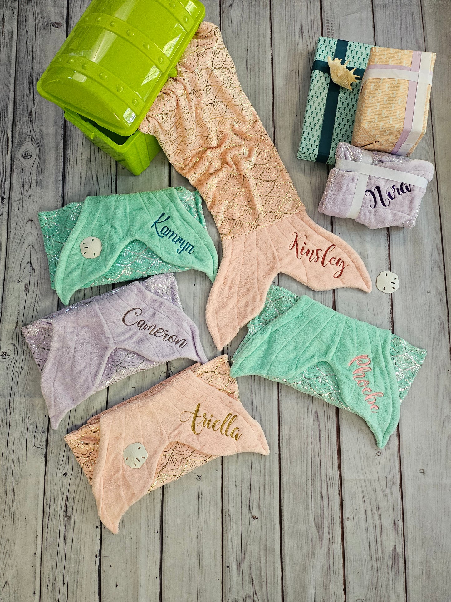 Personalized Fleece Mermaid Tail Blankets with shimmery foil
