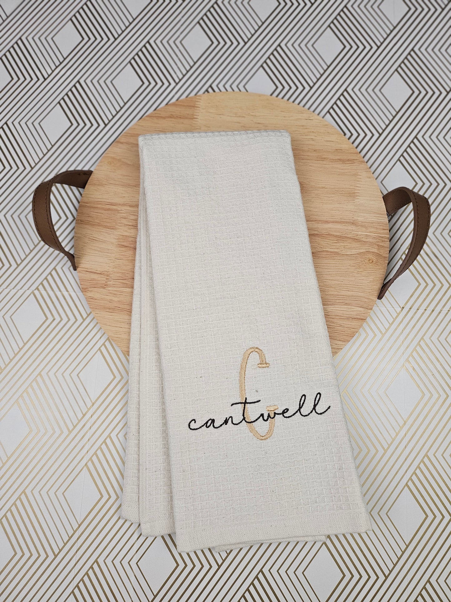 Personalized Waffle & Terrycloth Kitchen Towels – Script Name on 3" Farmhouse Monogram