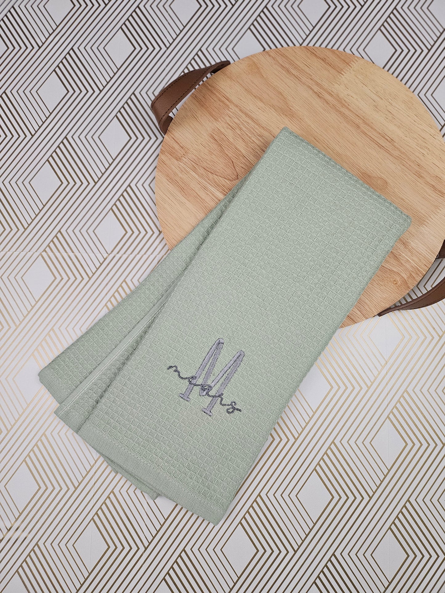 Personalized Waffle & Terrycloth Kitchen Towels – Script Name on 3" Farmhouse Monogram