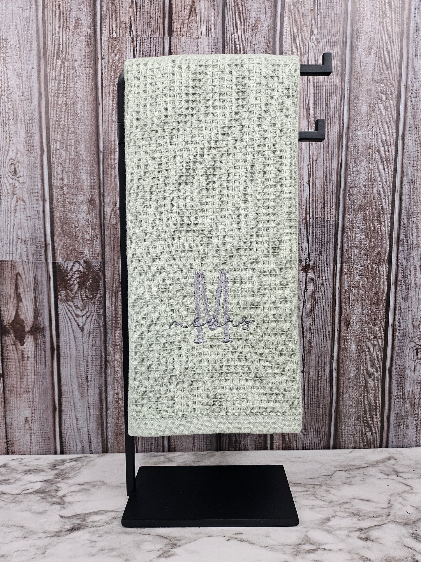 Personalized Waffle & Terrycloth Kitchen Towels – Script Name on 3" Farmhouse Monogram
