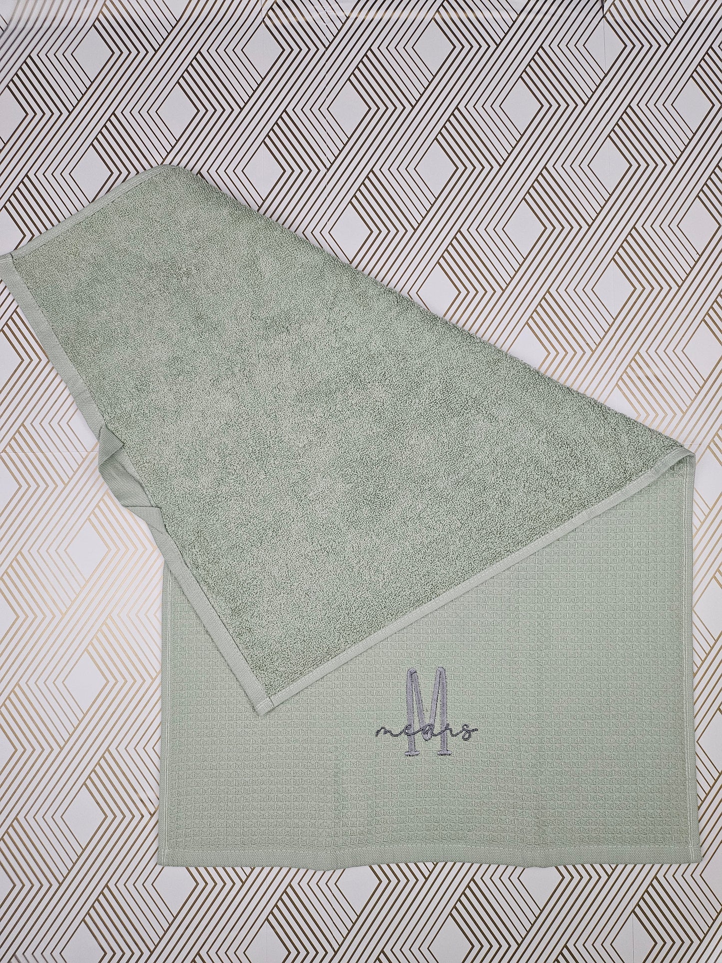 Personalized Waffle & Terrycloth Kitchen Towels – Script Name on 3" Farmhouse Monogram