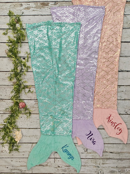 Personalized Fleece Mermaid Tail Blankets with shimmery foil