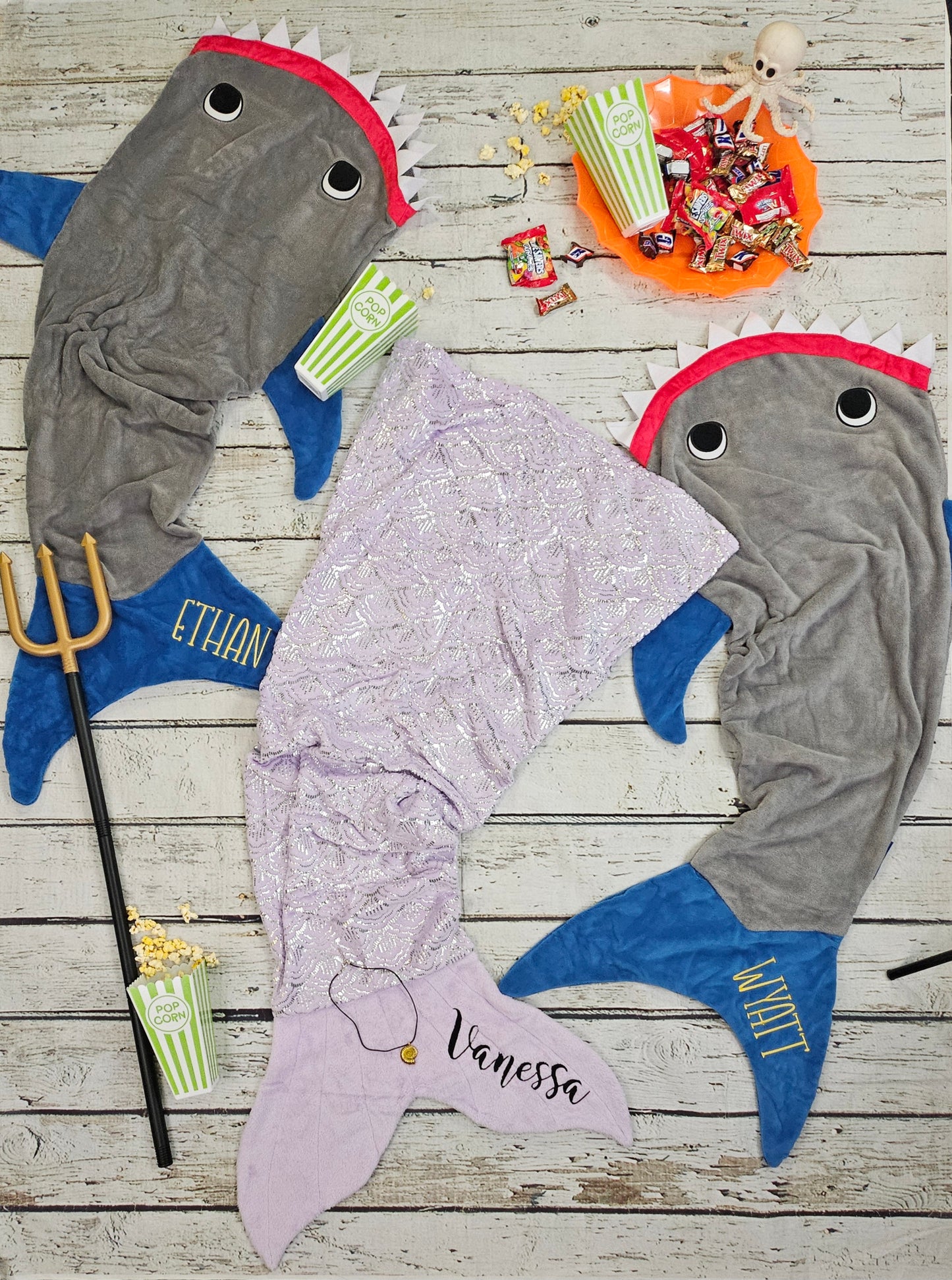 Personalized Fleece Mermaid Tail Blankets with shimmery foil