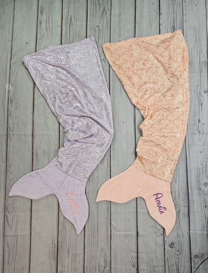 Personalized Fleece Mermaid Tail Blankets with shimmery foil