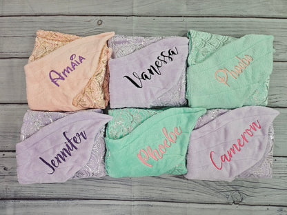 Personalized Fleece Mermaid Tail Blankets with shimmery foil