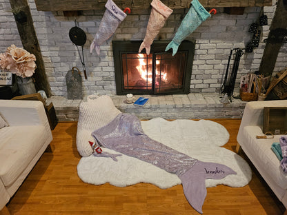 Personalized Fleece Mermaid Tail Blankets with shimmery foil