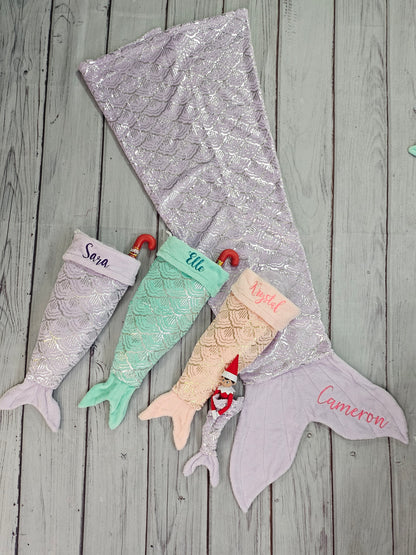 Personalized Fleece Mermaid Tail Blankets with shimmery foil