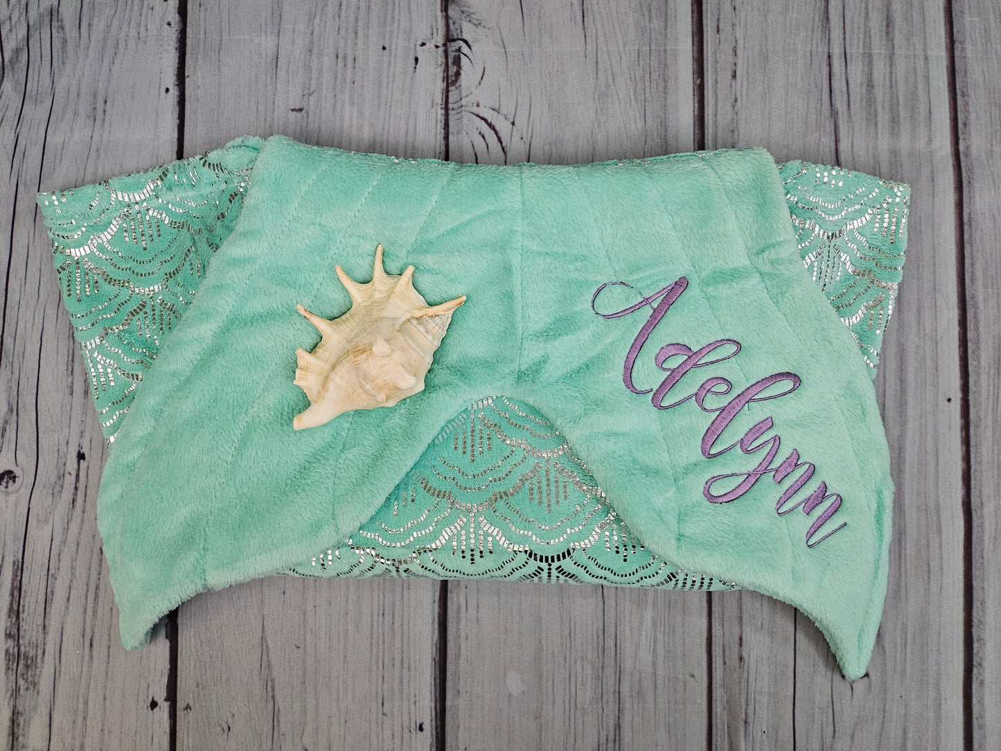 Personalized Fleece Mermaid Tail Blankets with shimmery foil