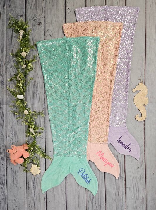 Personalized Fleece Mermaid Tail Blankets with shimmery foil