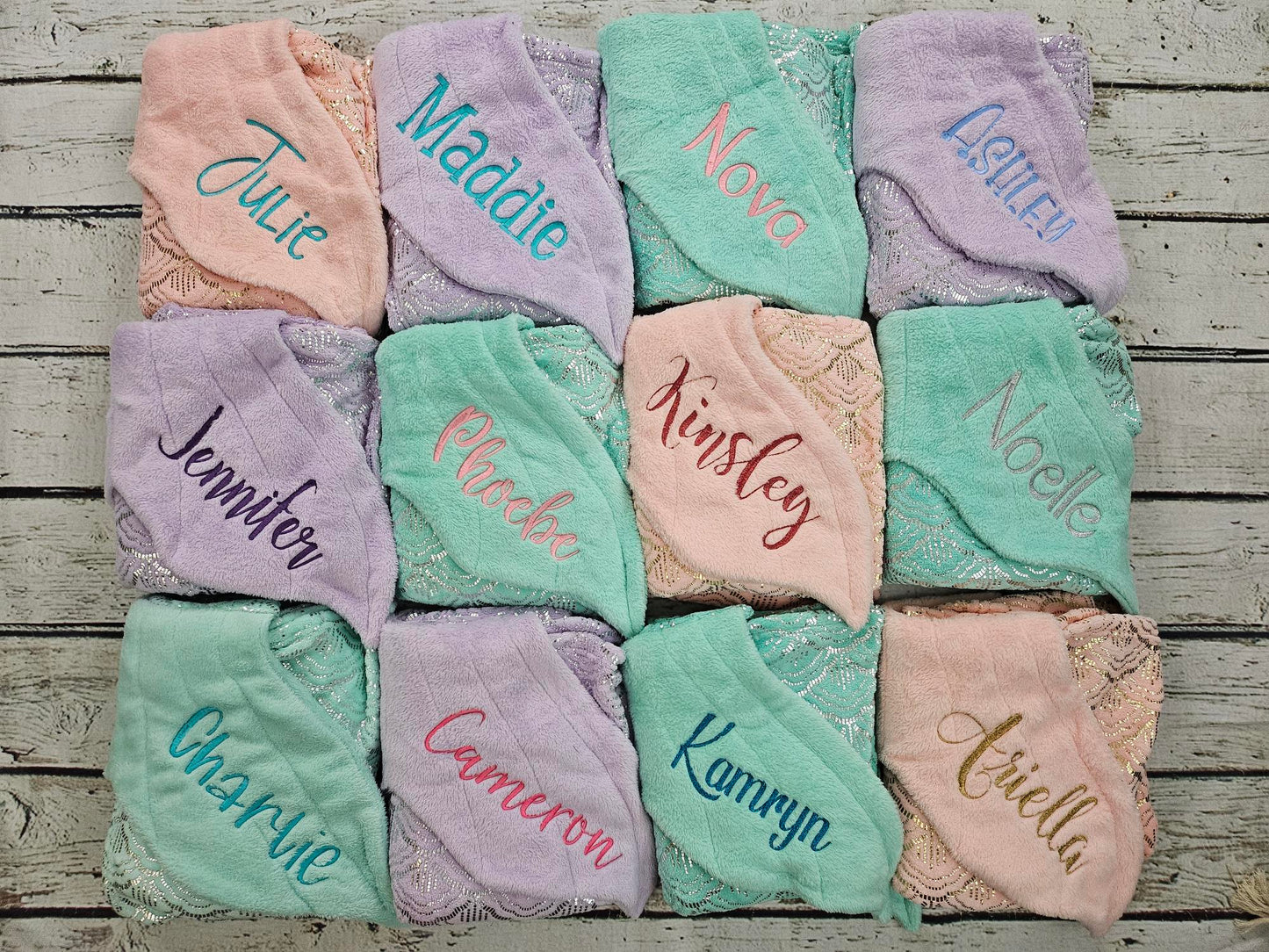 Personalized Fleece Mermaid Tail Blankets with shimmery foil