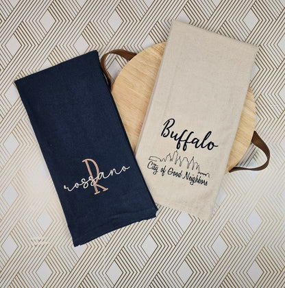 Personalized Mini Buffalo Hometown Gift Basket | Monogrammed Tea Towels | Custom Family Name | Buffalo Skyline | Housewarming Gift