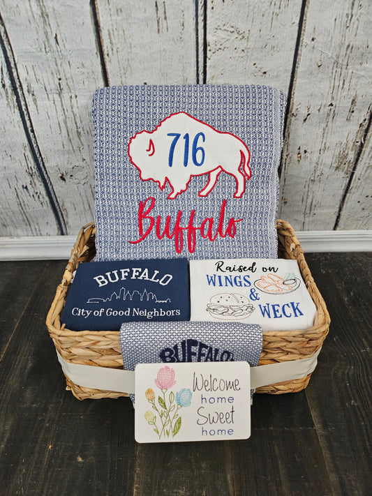 Buffalo NY Gift Basket with Blue Throw Blanket & 3 towels | Buffalo Signature Collection