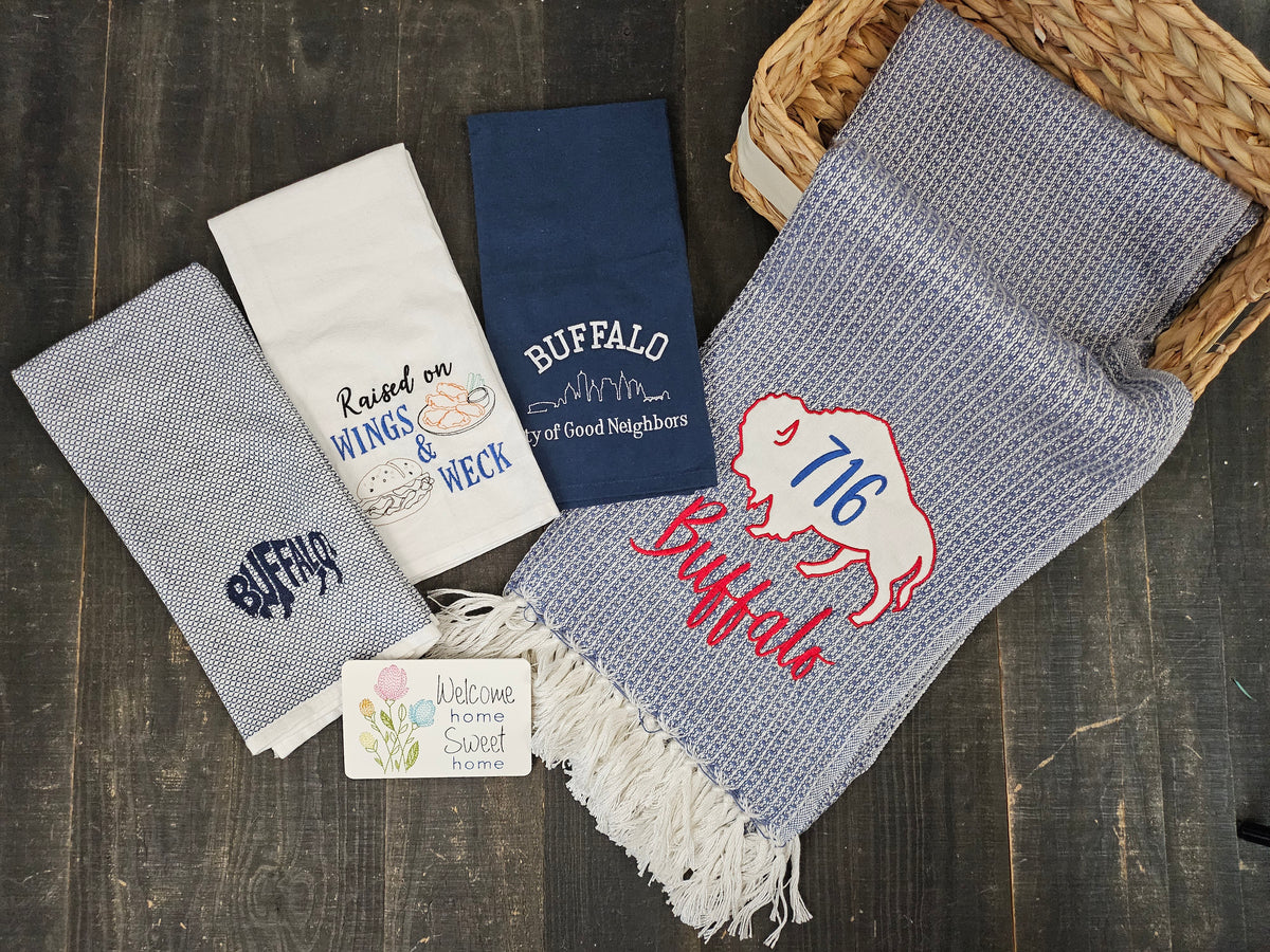 Buffalo NY Gift Basket with Blue Throw Blanket & 3 towels | Buffalo Signature Collection