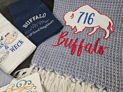 Buffalo NY Gift Basket with Blue Throw Blanket & 3 towels | Buffalo Signature Collection