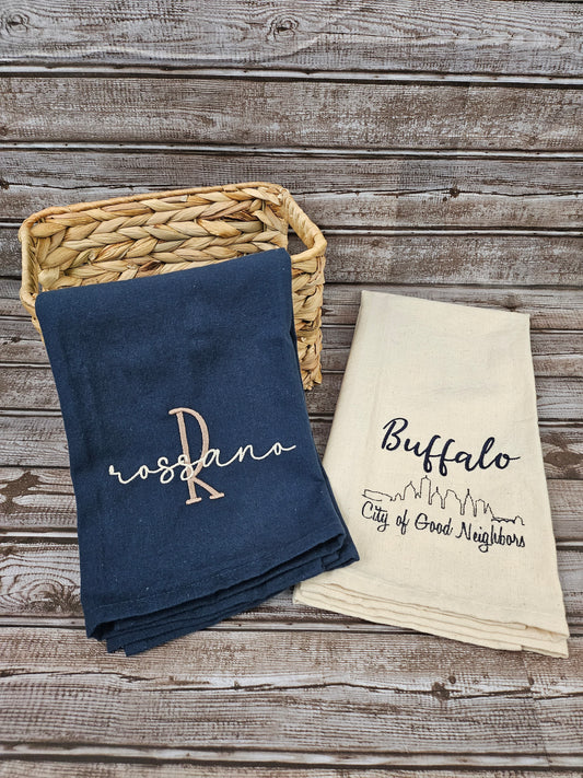 Personalized Mini Buffalo Hometown Gift Basket | Monogrammed Tea Towels | Custom Family Name | Buffalo Skyline | Housewarming Gift