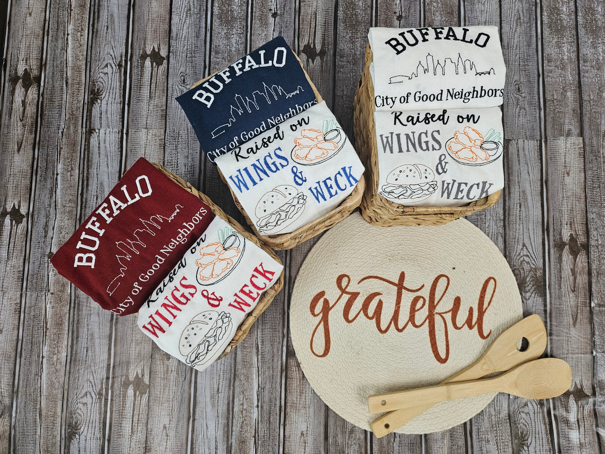Buffalo NY Gift Baskets with Embroidered Tea Towels | Buffalo Mini White Collection | Housewarming Gift