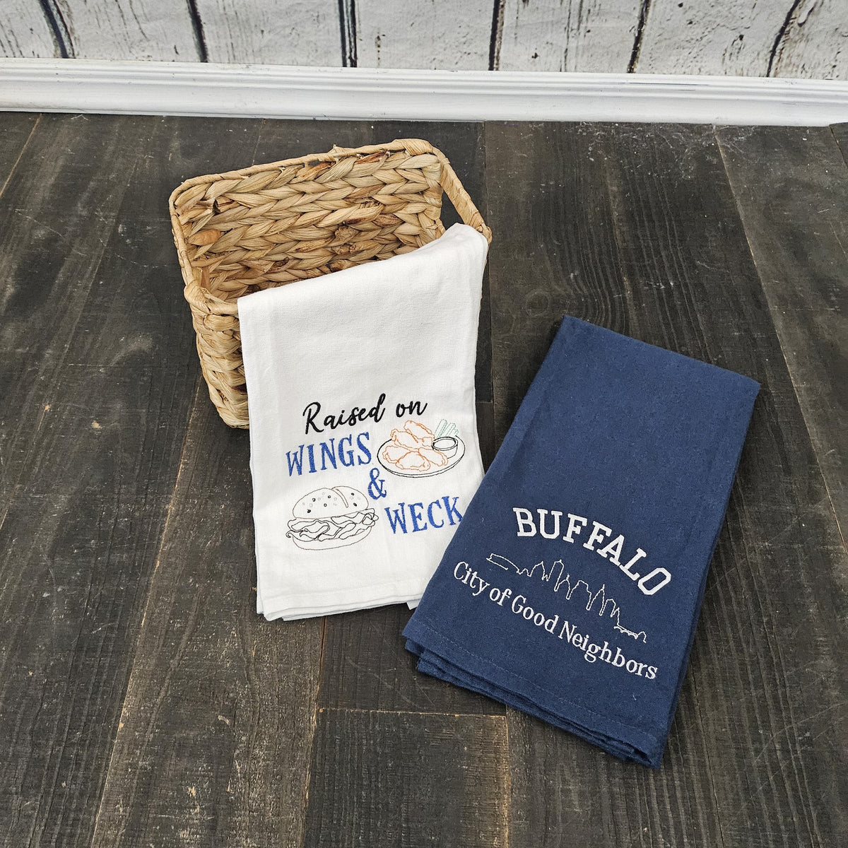 Buffalo NY Gift Baskets with Embroidered Tea Towels | Buffalo Mini White Collection | Housewarming Gift
