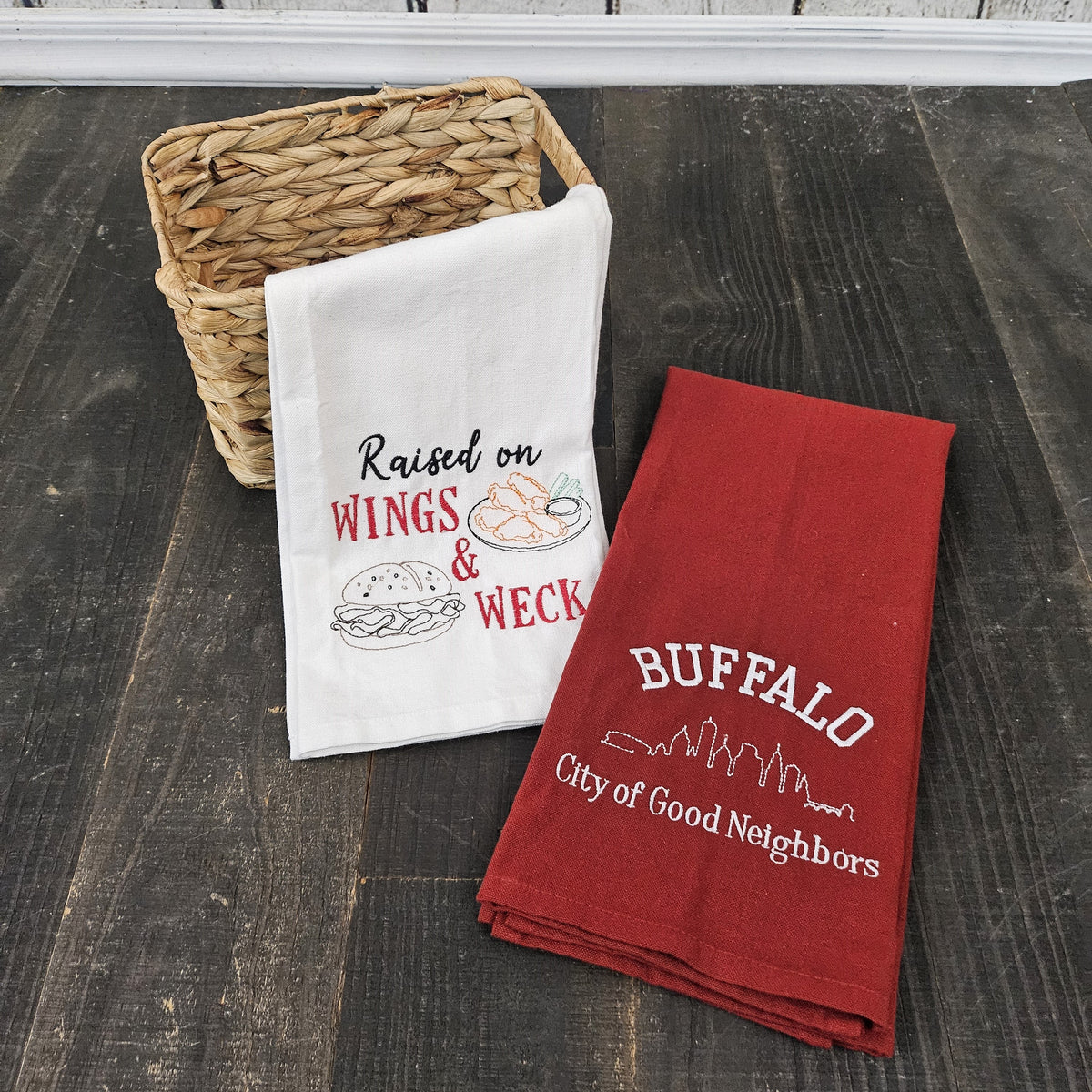 Buffalo NY Gift Baskets with Embroidered Tea Towels | Buffalo Mini White Collection | Housewarming Gift