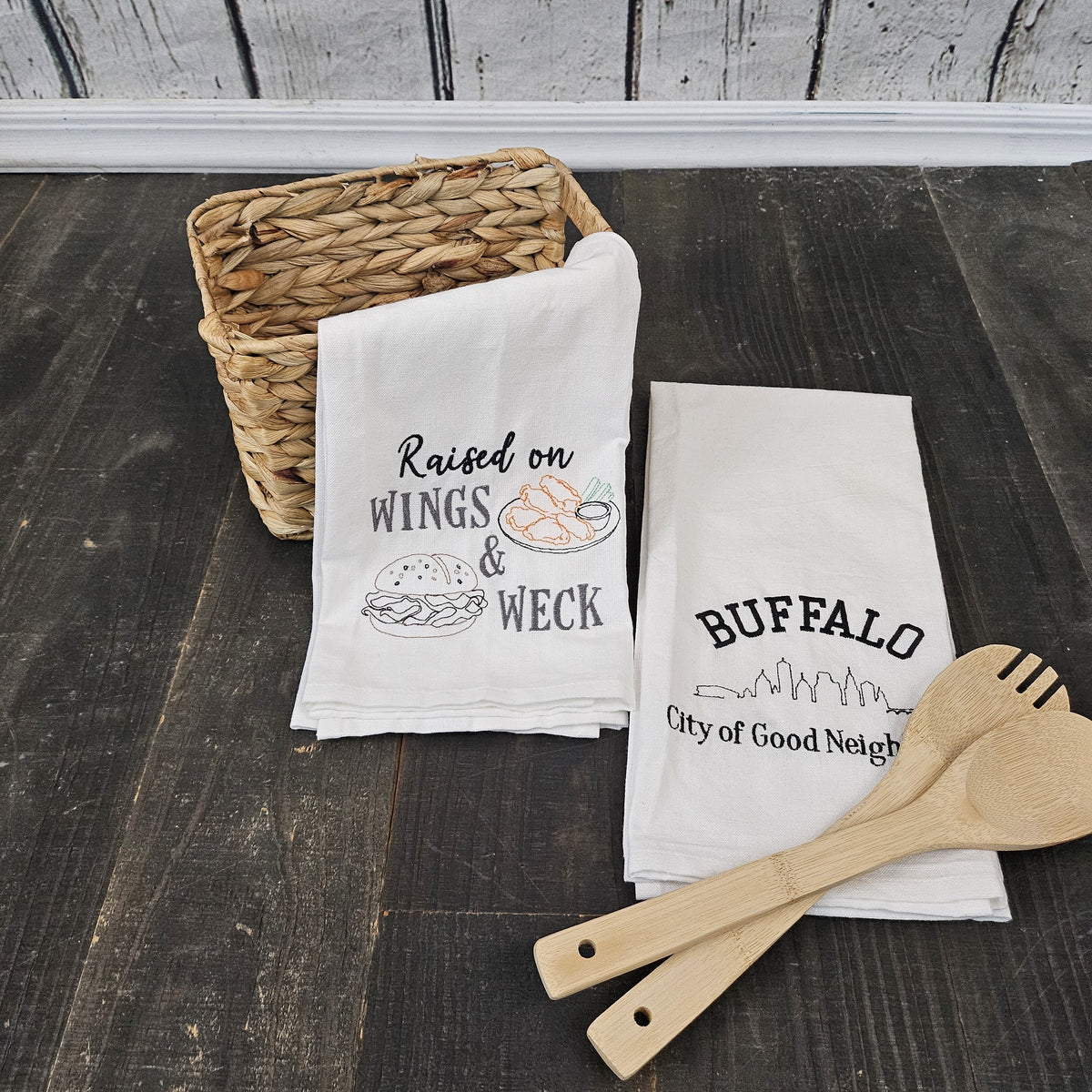 Buffalo NY Gift Baskets with Embroidered Tea Towels | Buffalo Mini White Collection | Housewarming Gift
