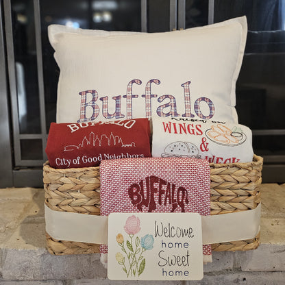 Buffalo NY Gift Basket with Buffalo Check Pillow & Towels | Signature White Collection