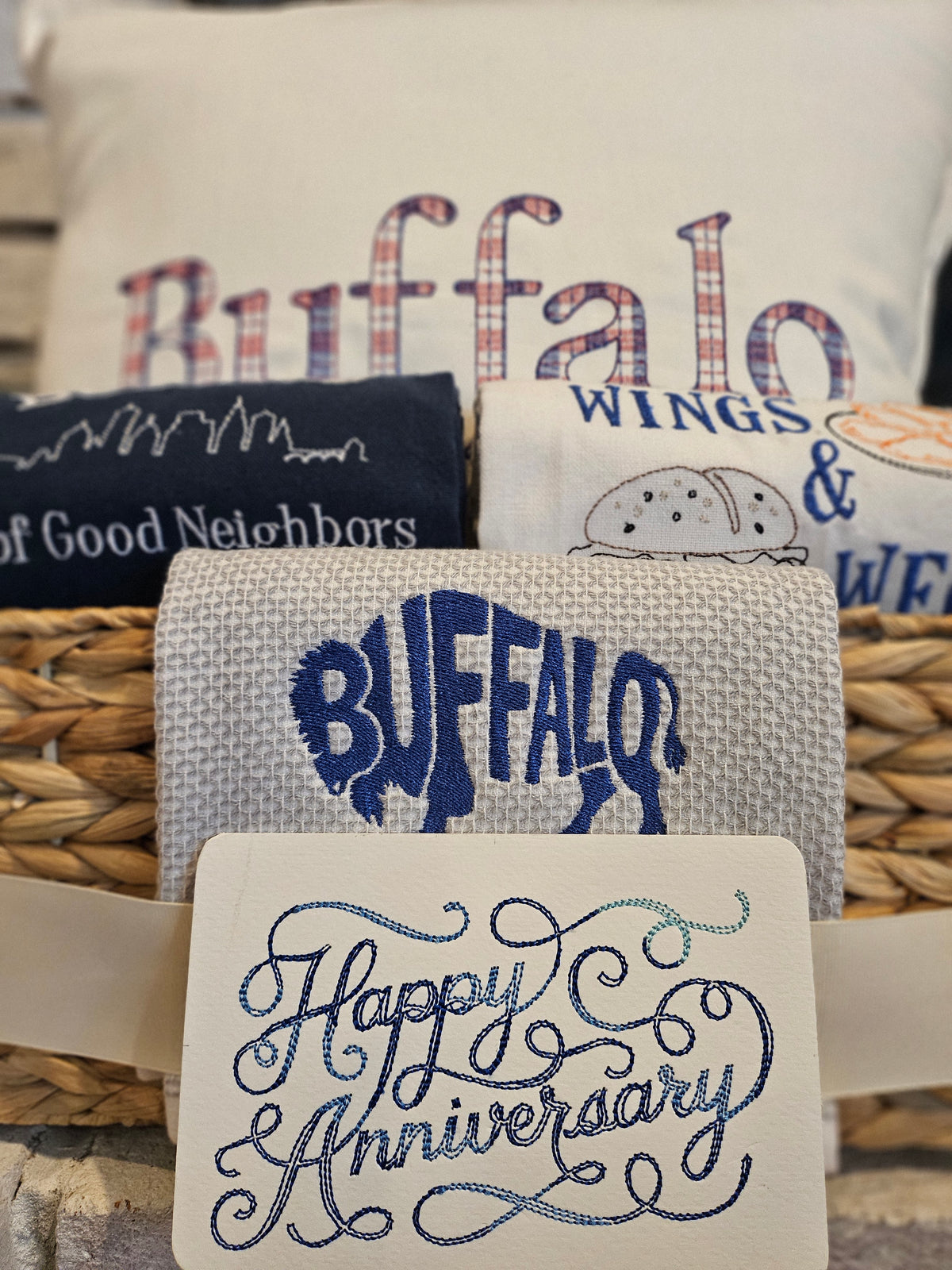 Buffalo NY Gift Basket with Buffalo Check Pillow & Towels | Signature White Collection