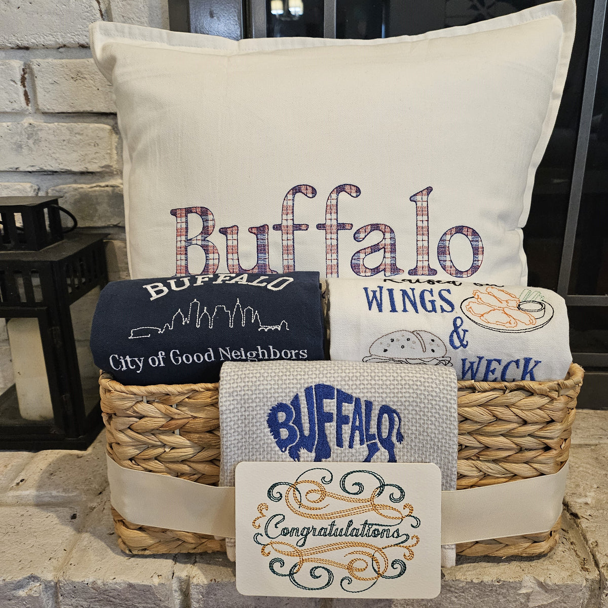 Buffalo NY Gift Basket with Buffalo Check Pillow & Towels | Signature White Collection