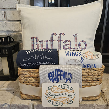 Buffalo NY Gift Basket with Buffalo Check Pillow & Towels | Signature White Collection
