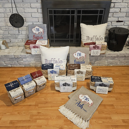 Buffalo NY Gift Basket with Buffalo Check Pillow & Towels | Signature White Collection