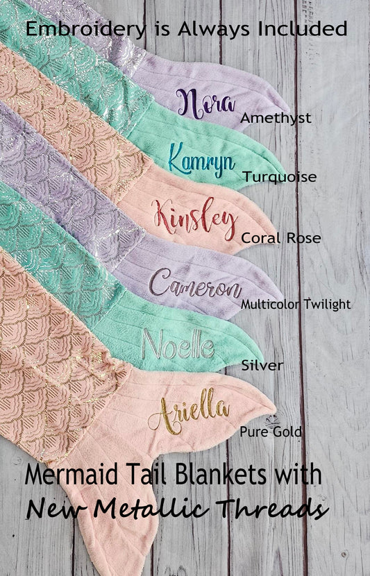 Personalized Mermaid Tail Fleece Blanket with Metallic Thread Embroidery