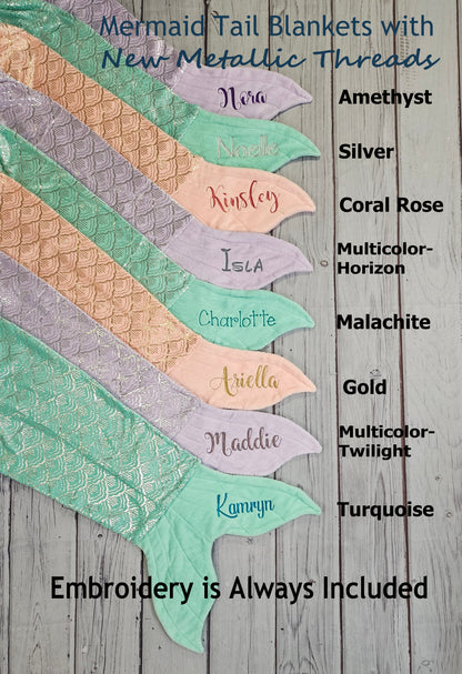 Personalized Mermaid Tail Fleece Blanket with Metallic Thread Embroidery