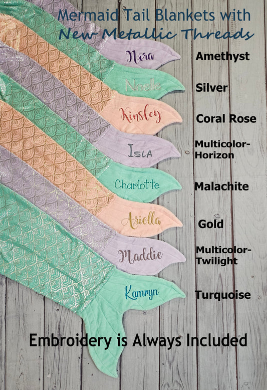 Personalized Mermaid Tail Fleece Blanket with Metallic Thread Embroidery