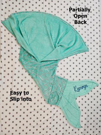 Personalized Fleece Mermaid Tail Blankets with shimmery foil