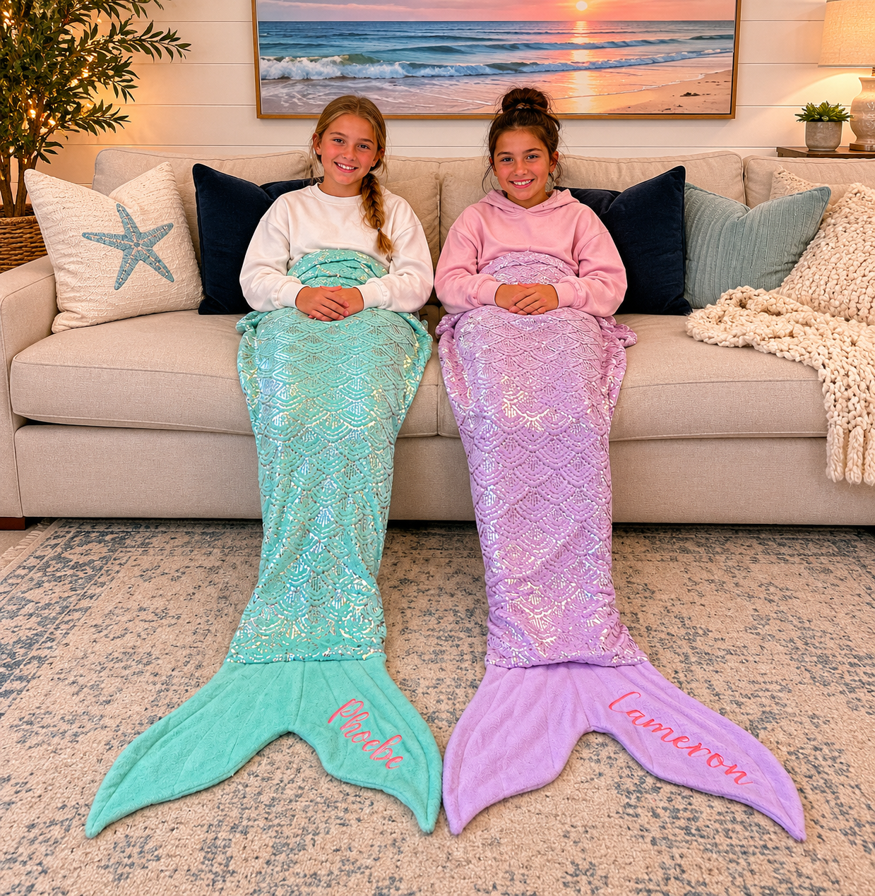 Personalized Mermaid Tail Fleece Blanket with Metallic Thread Embroidery