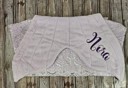 Personalized Fleece Mermaid Tail Blankets with shimmery foil