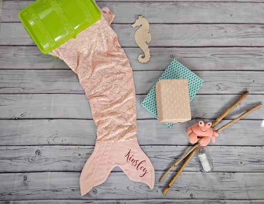 Personalized Fleece Mermaid Tail Blankets with shimmery foil
