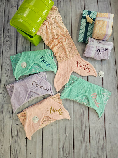 Personalized Fleece Mermaid Tail Blankets with shimmery foil