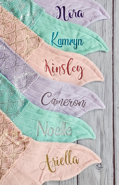 Personalized Fleece Mermaid Tail Blankets with shimmery foil